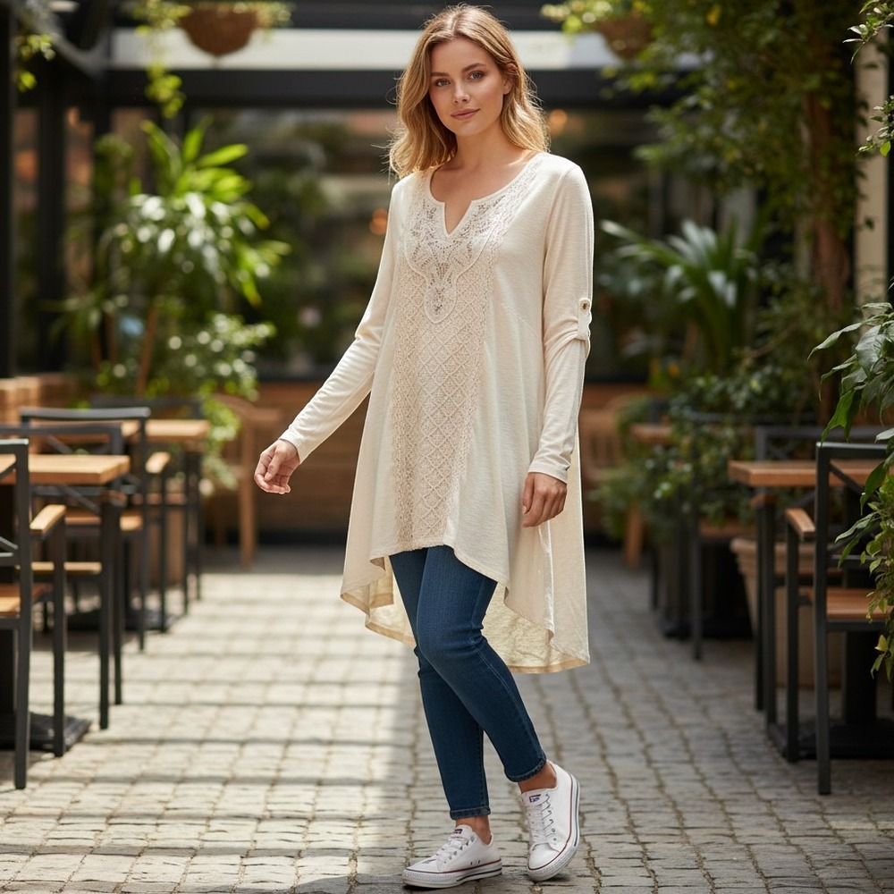 Women's Medium Ivory Cotton Crochet Lace Romantic Boho Tunic Romantic ChicTop
